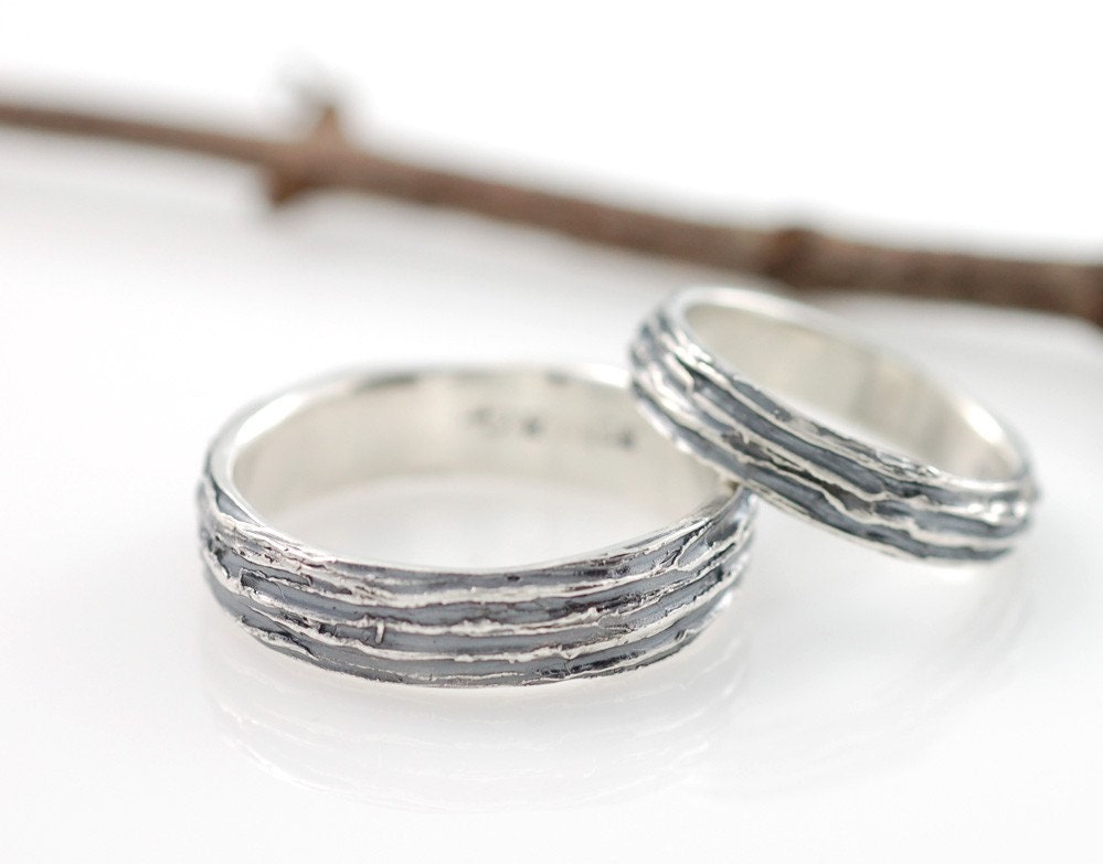 Sterling Silver Tree Bark Wedding Bands - 4mm and 6mm set