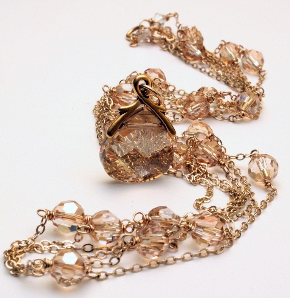 Long 52 Inch 14k Gold Filled and Swarovski Crystal Necklace, and Golden Shadow Briolette Set, My Version of the Courtney Cox Necklace