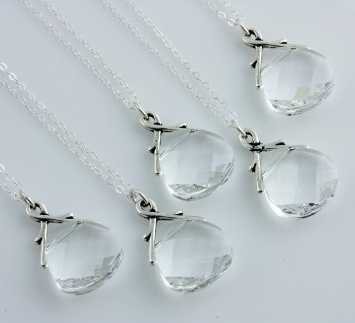Bridesmaids Gifts, 5 Crystal Clear Swarovski Briolette Necklaces on Sterling Silver, Bridal Discount