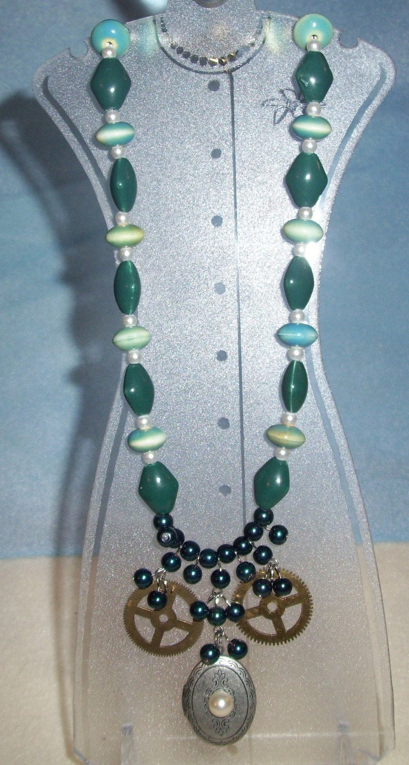 Teal Steampunk Waterfall Necklace