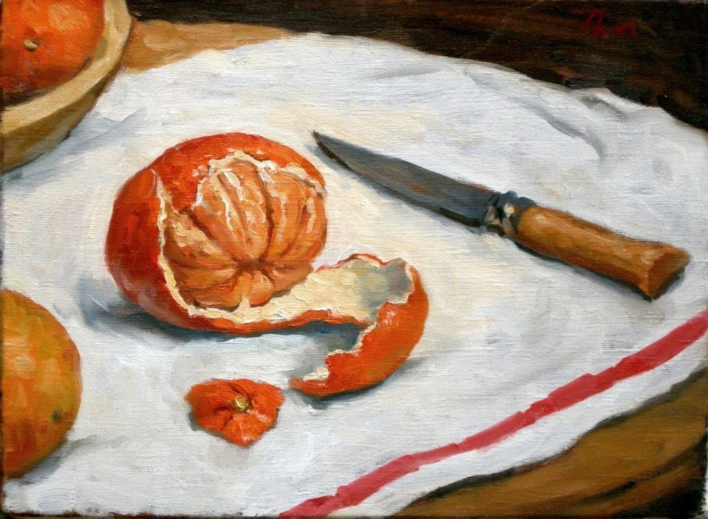 Tangerine and Knife, Original Oil on Canvas, 9x12 Framed Still Life Painting