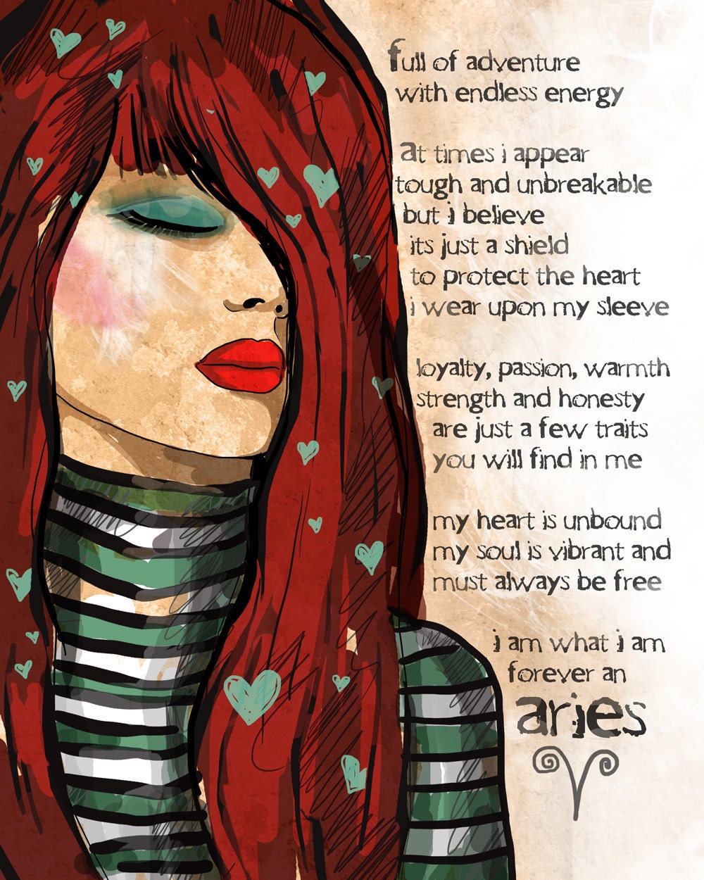 Aries art print Astrology March Birthday April Birthday Red Teal fire sign Astrology original illustration ART Print Hand SIGNED size 8 x 10