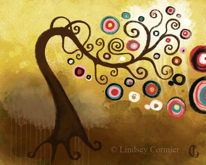 Abstract Art Print / Painting / Golden Skies / Swirl Tree / gold brown