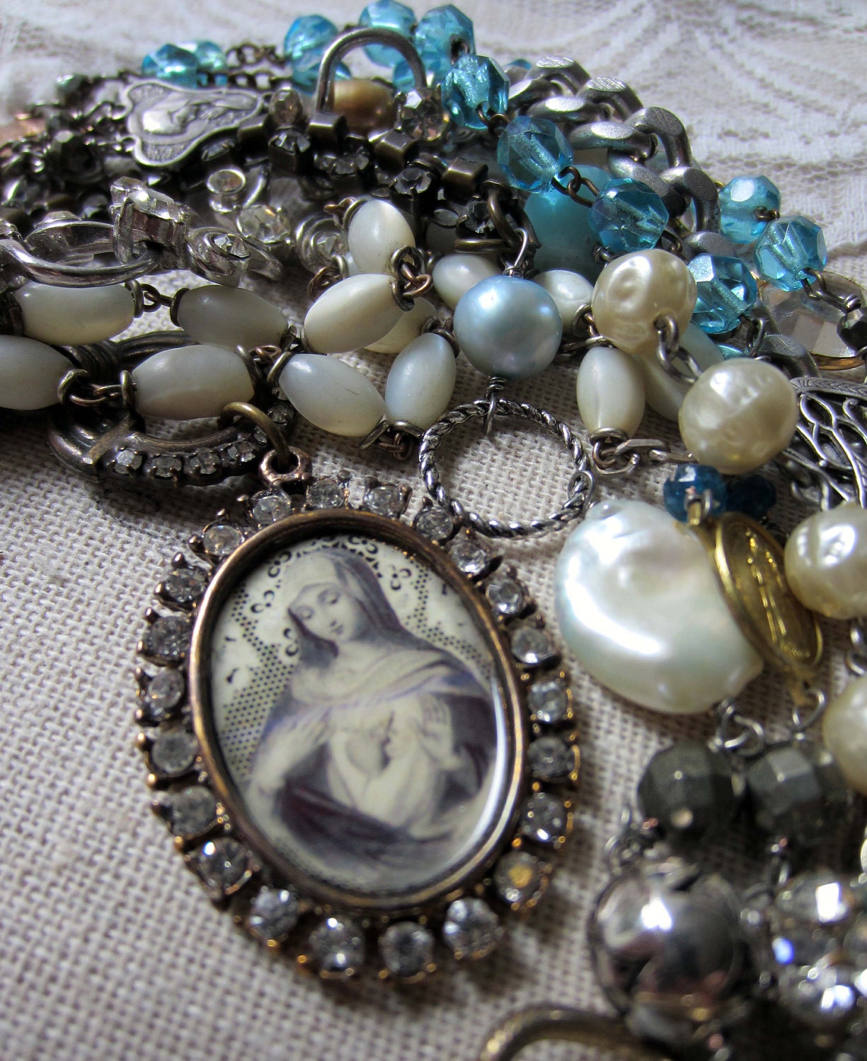 RESERVED for B.R. - a loving heart - vintage assemblage triple wrap necklace with mother of pearl rosaries by the french circus