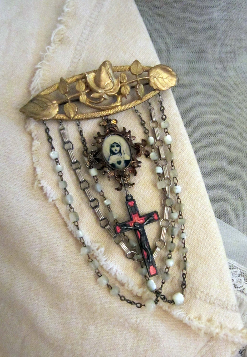 RESERVED for Shireen - sacred rose - vintage assemblage brooch with prayer card pendant and mother of pearl rosary by the french circus