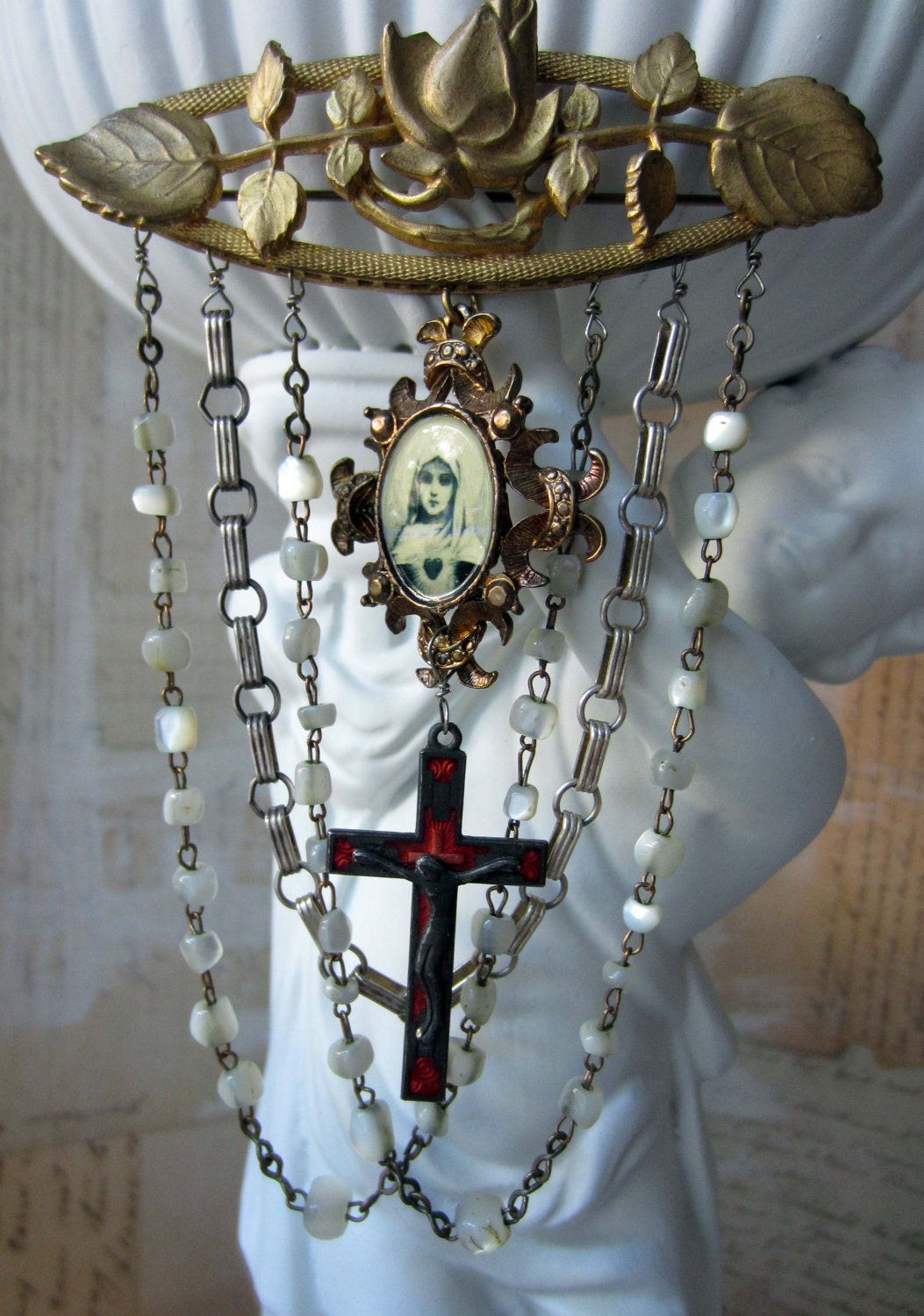 RESERVED for Shireen - sacred rose - vintage assemblage brooch with prayer card pendant and mother of pearl rosary by the french circus
