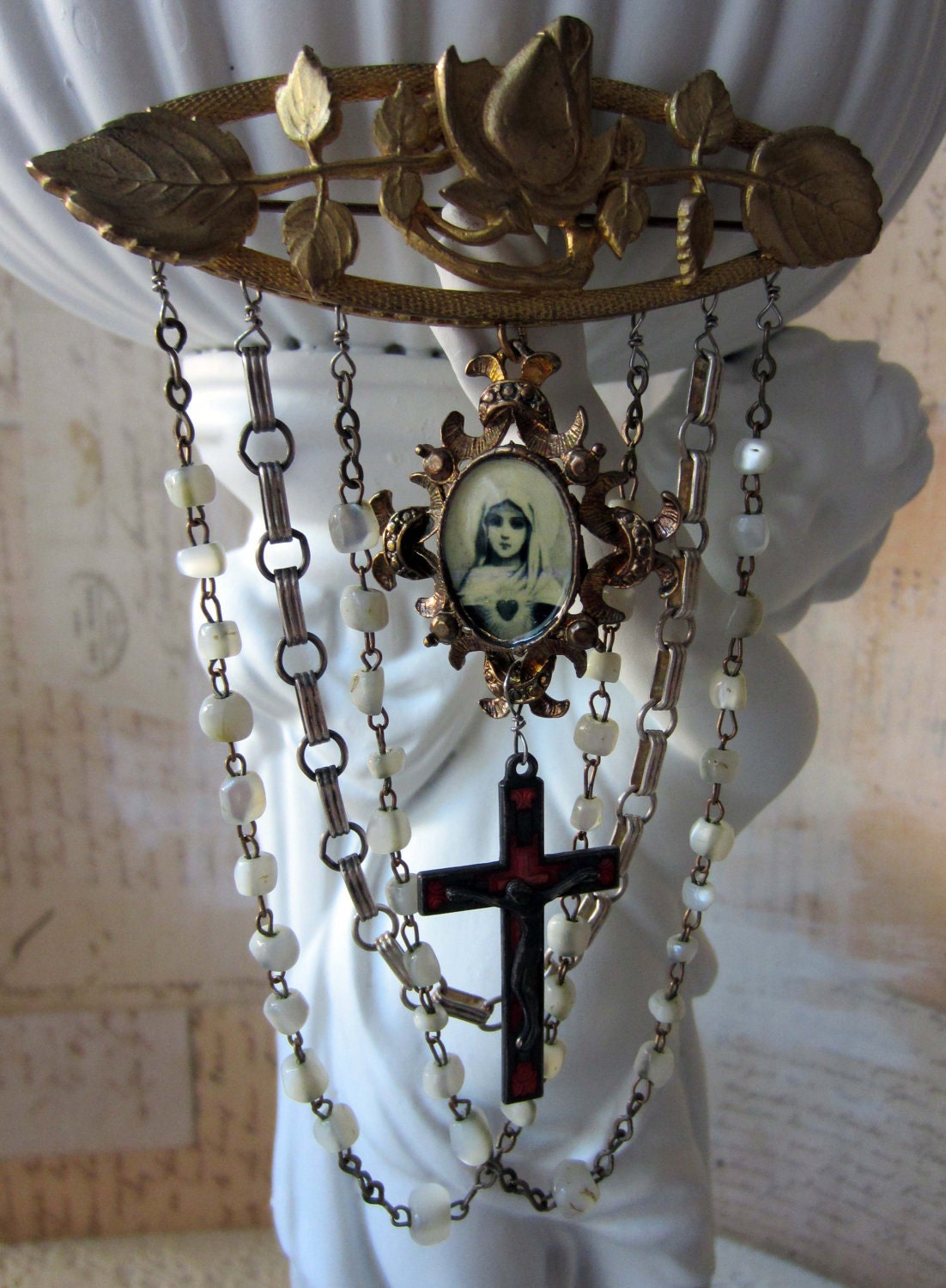 RESERVED for Shireen - sacred rose - vintage assemblage brooch with prayer card pendant and mother of pearl rosary by the french circus
