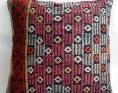 BIG SALE / Organic Shine Society Modern Bohemian Throw Pillow. Handwoven Wool Vintage Tribal Turkish Kilim Pillow Cover 16x16
