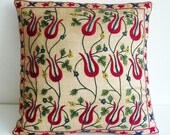 Sukan / Vintage Hand Embroidered Silk Suzani Pillow, Organic Modern Bohemian Throw Pillow.