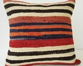 Sukan / Hand Woven - Turkish Striped Kilim Pillow Cover - 18x18