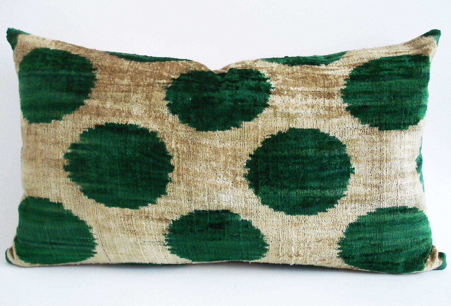 Sukan / SALE, Decorative Pillow,Throw Pillow Cover, Polka-dot ikat Velvet Pillow Cover, 14x24 inch - Green ikat Pillow, Beige Color