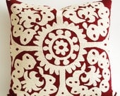 Sukan / Floral Hand Embroidered Vintage Suzani Pillow Cover, 19x19 inch, Red, Dark Red, White  Color