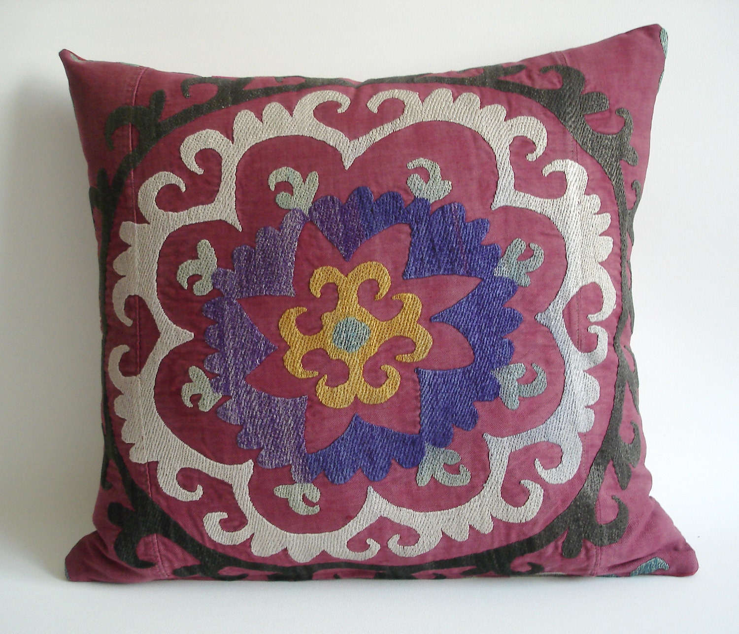 Sukan / Vintage Hand Embroidered Silk Suzani Pillow Cover - 19x20 inch Purple, Yellow, Soft Green, Egg Yellow, Beige, Black, Dirty Red Color