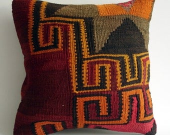 Sukan / Modern Bohemian Throw Pillow. Handwoven Wool Vintage Tribal Turkish Kilim Pillow Cover. 16x16 inch