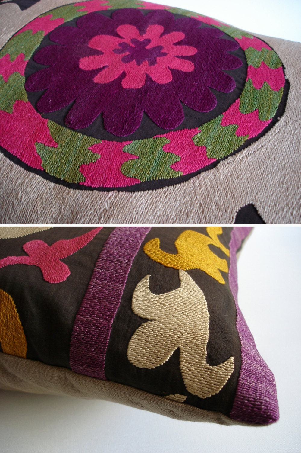 Sukan / Vintage Hand Embroidered Silk Suzani Pillow Cover - 16x25 inch - Egg Yellow Purple Pink Beige Green Dirty Black