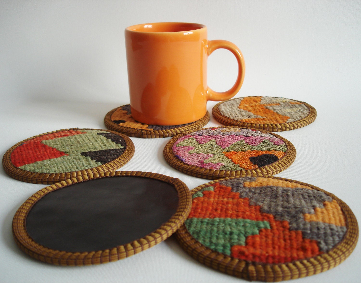 Sukan / Hand Woven - Turkish Antique Kilim Cups Coasters - 6 pcs