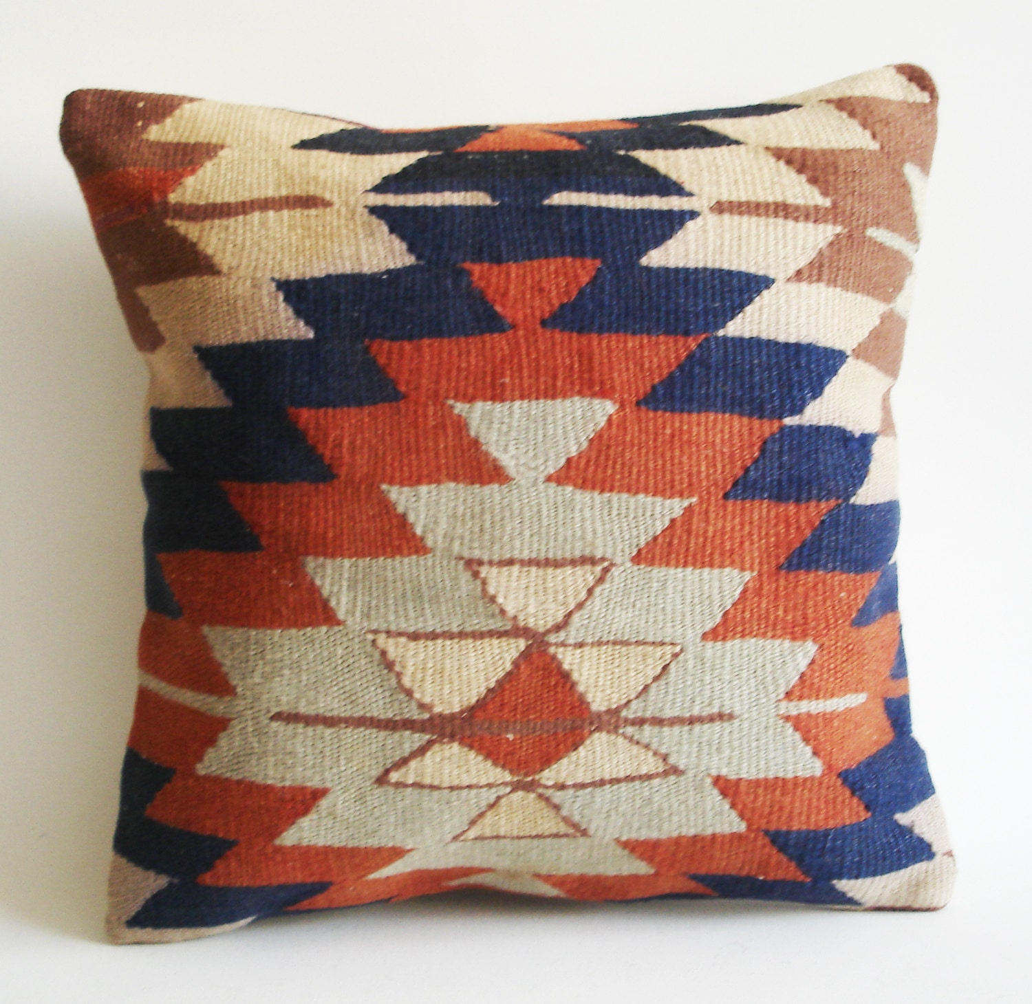 Sukan / Handwoven Vintage Turkish Kilim Pillow Cover, Decorative Pillows, Accent Pillow, Throw Pillow, 16x16 inch Navy Blue, Cream