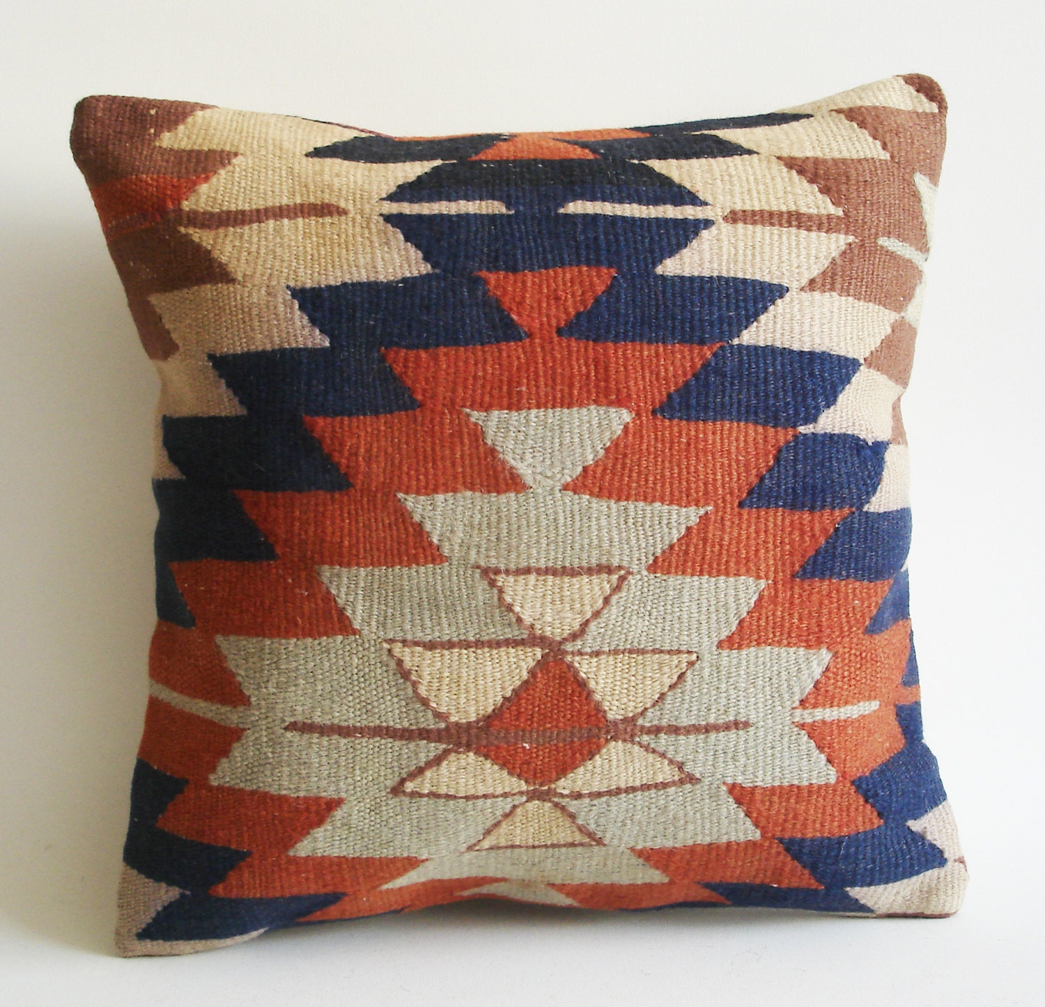 Sukan / Handwoven Vintage Turkish Kilim Pillow Cover, Decorative Pillows, Accent Pillow, Throw Pillow, 16x16 inch Navy Blue, Cream