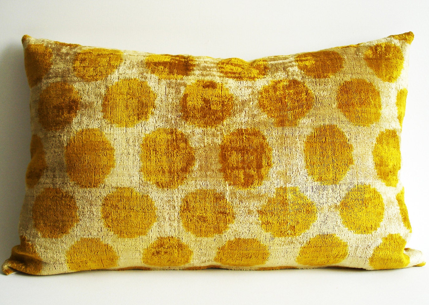 Sukan / SALE, Handmade Silk Velvet Ikat Lumbar Pillow Cover Yellow Beige - lumbar pillows - throw pillow cover - decorative pillow cover