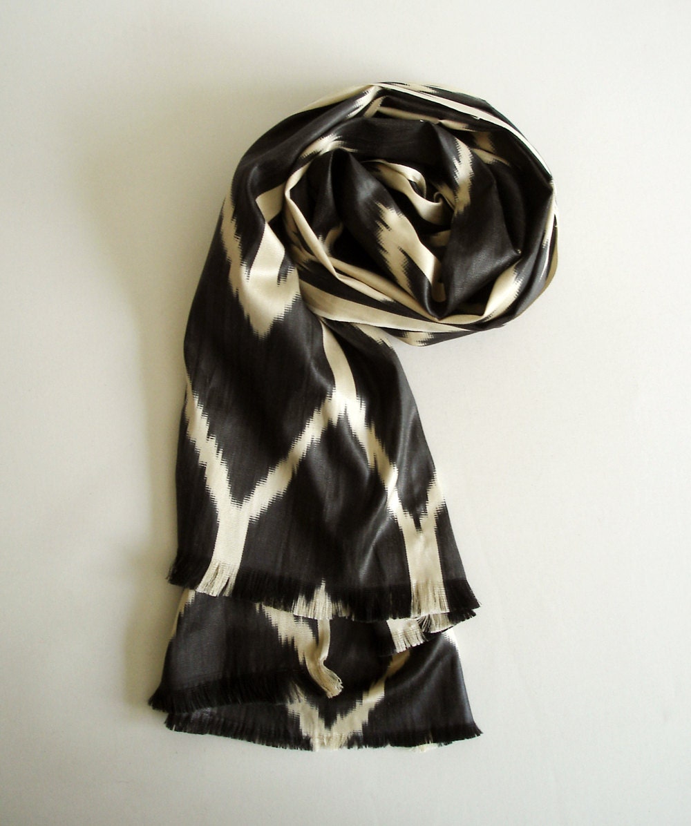 Sukan /  Handwoven ikat Silk Scarf, ikat scarf, Ikat Scarves, Ikat Shawl, Modern, Bohemian, Organic,Gray, Dark Gray, Beige Color