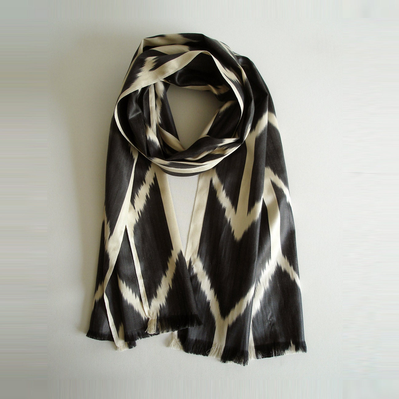 Sukan /  Handwoven ikat Silk Scarf, ikat scarf, Ikat Scarves, Ikat Shawl, Modern, Bohemian, Organic,Gray, Dark Gray, Beige Color