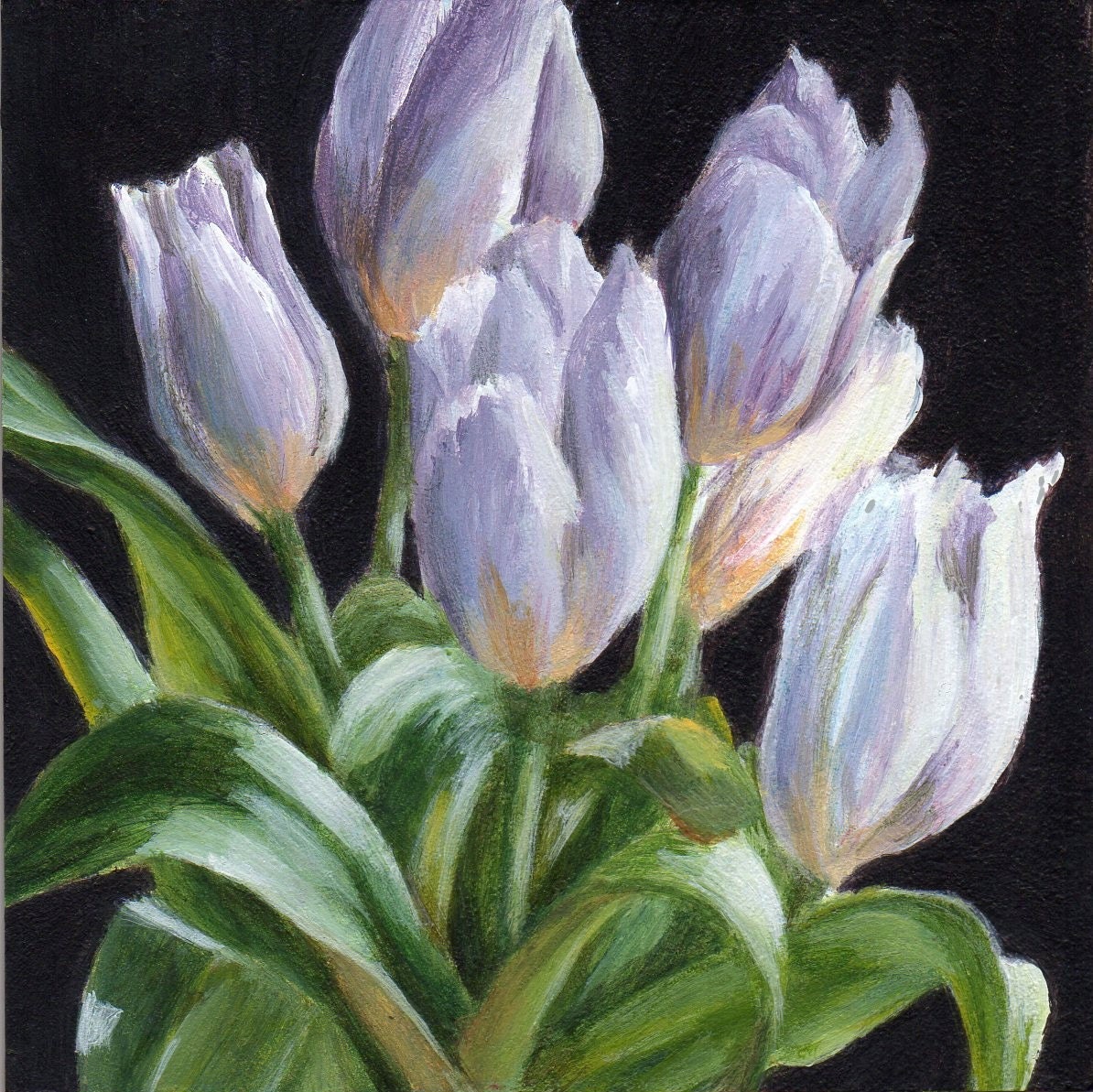 Small Floral Still Life - Original Acrylic Painting with Spring Flowers - White and Purple Tulips for Mothers Day