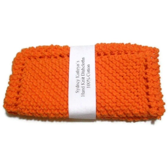 Hand Knit Dish Cloths Hot Orange, Set of Two - SydneyKathryns