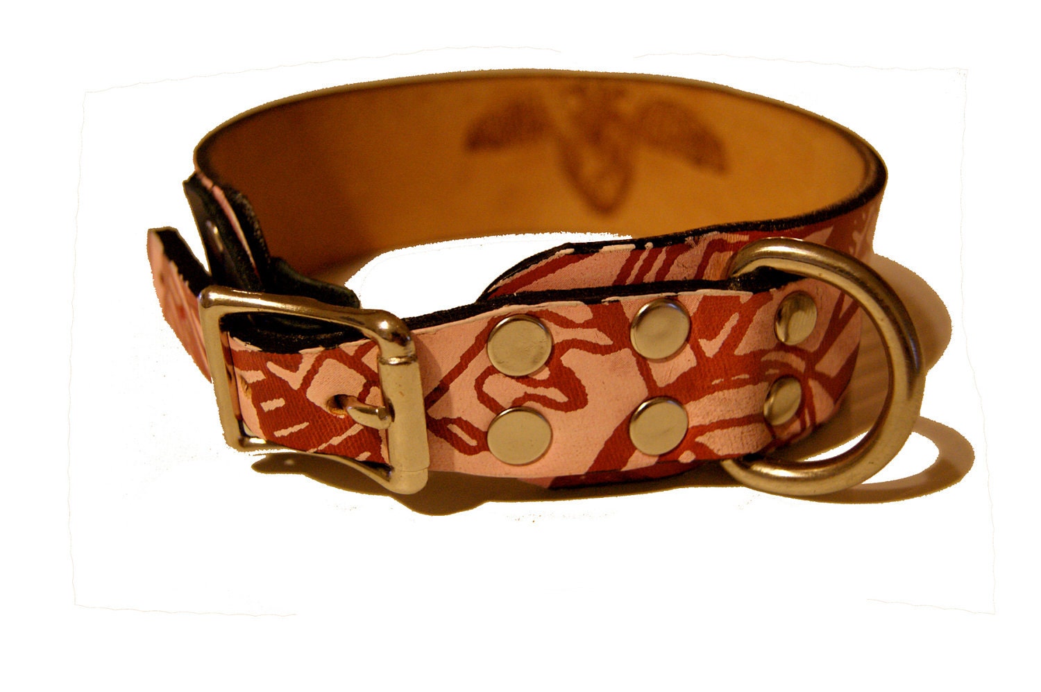 Pink Leather Dog Collar Screen Printed with Gears and Cogs