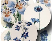 Antique Botanical Blue Flowers for Pocket Mirrors (3) - Digital Collage Sheet - 2.5 Inch Round - Buy 3 sheets and get 4th FREE