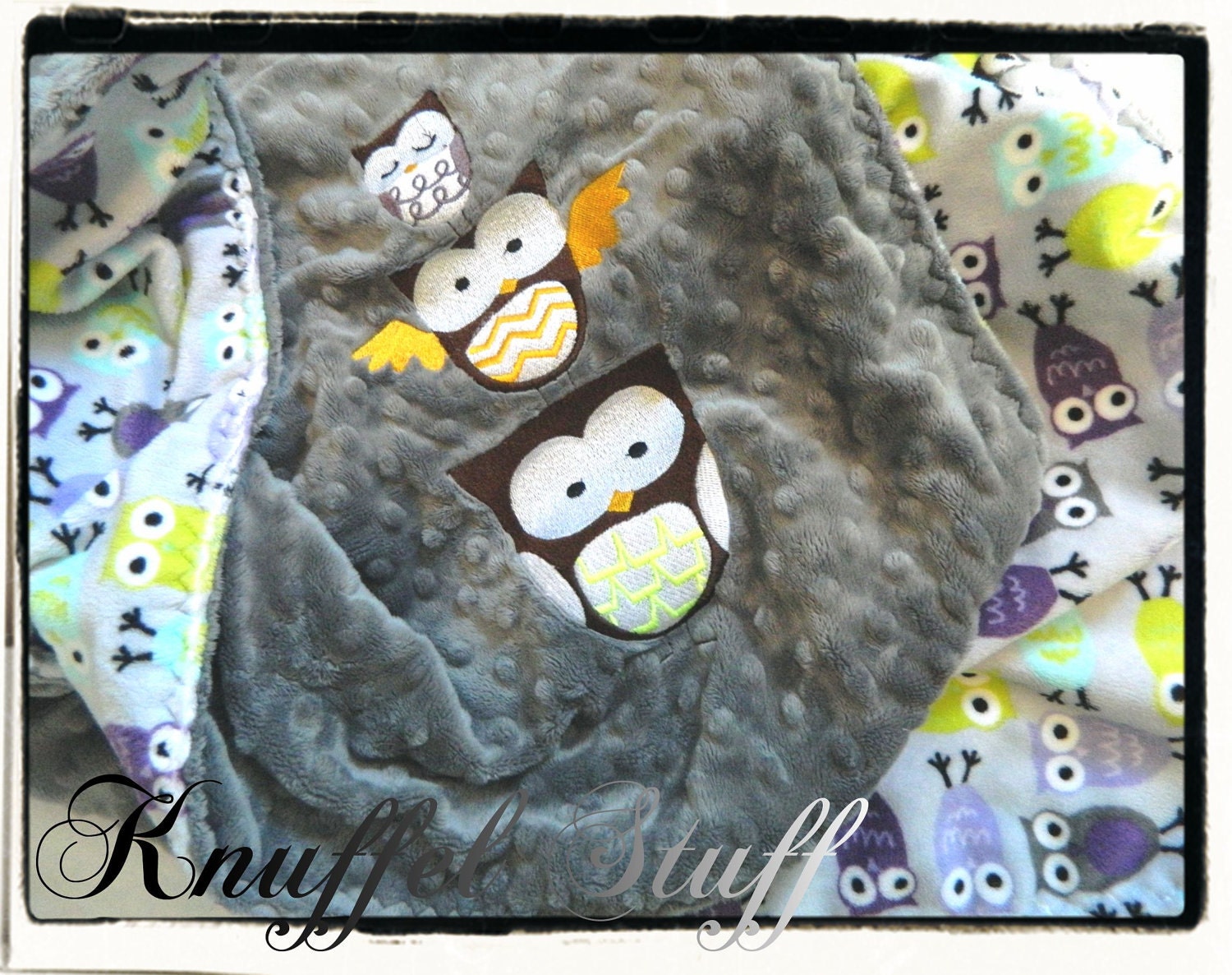 Minky Blanket - Personalized baby blanket - Charcoal minky dot with violet owl print- 30x36"