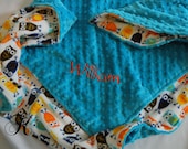 Minky Blanket - Personalized baby blanket - turquoise minky dot with brown owl minky- 30x36"