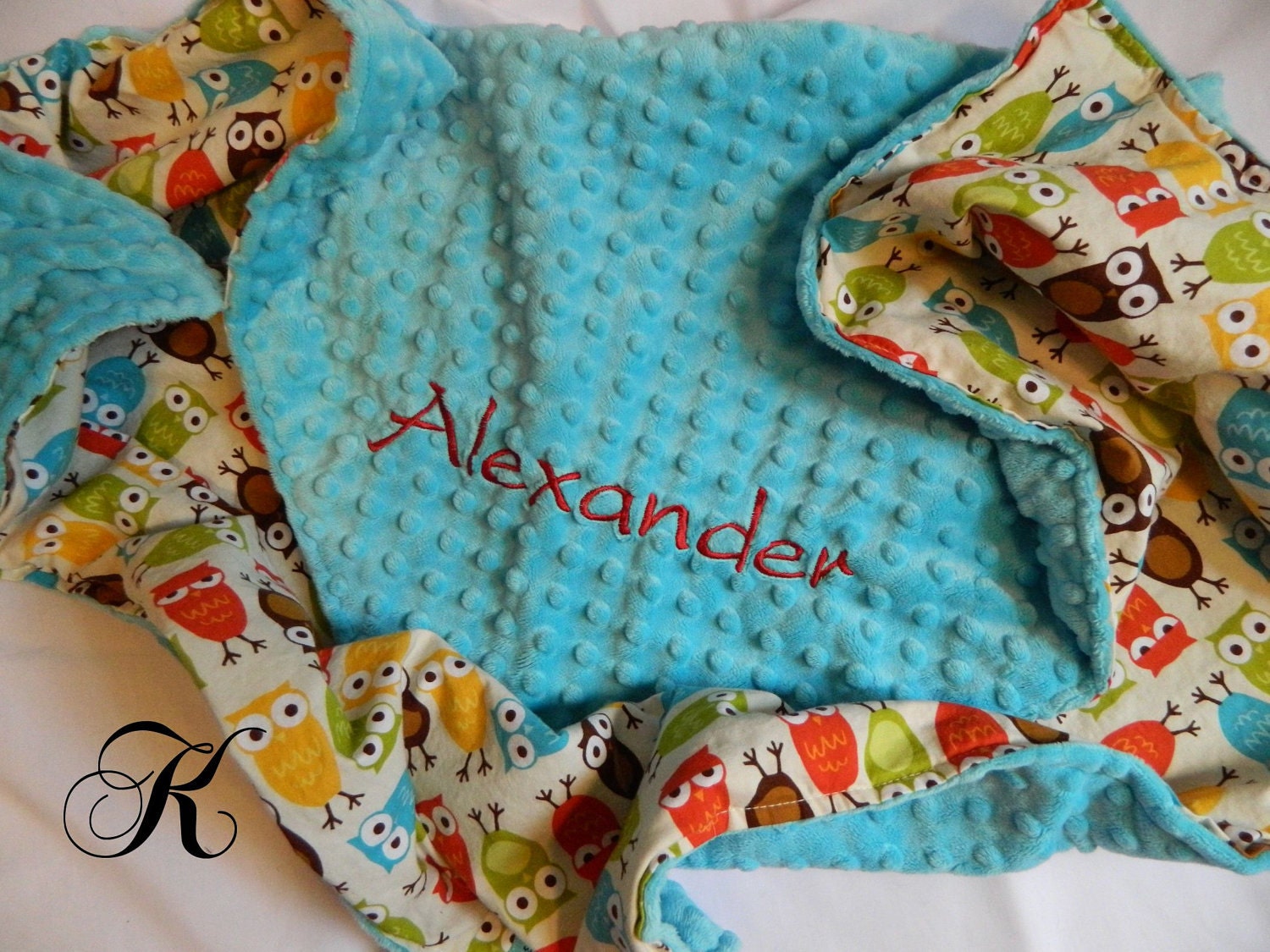 Minky Blanket - Personalized baby blanket - Turquoise minky dot/cotton brown owl print- 30x36"