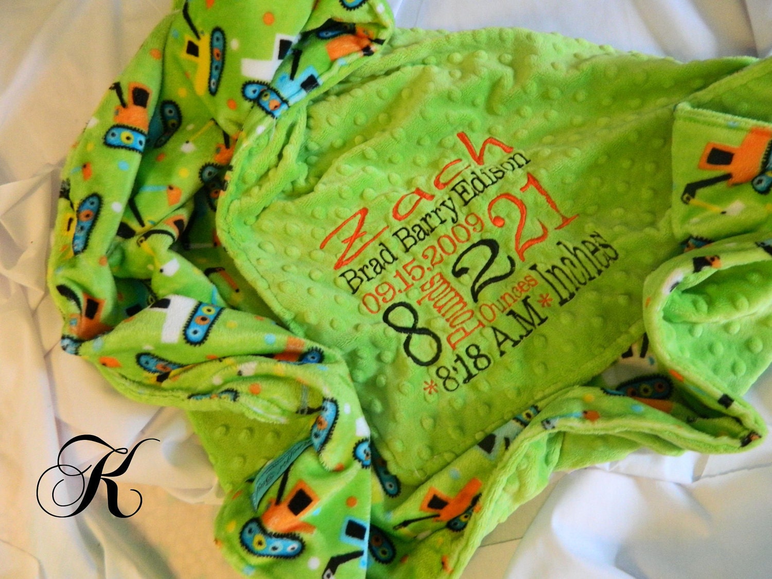Minky Blanket - Personalized baby blanket - Lime green minky dot/tractors green print- 30x36"