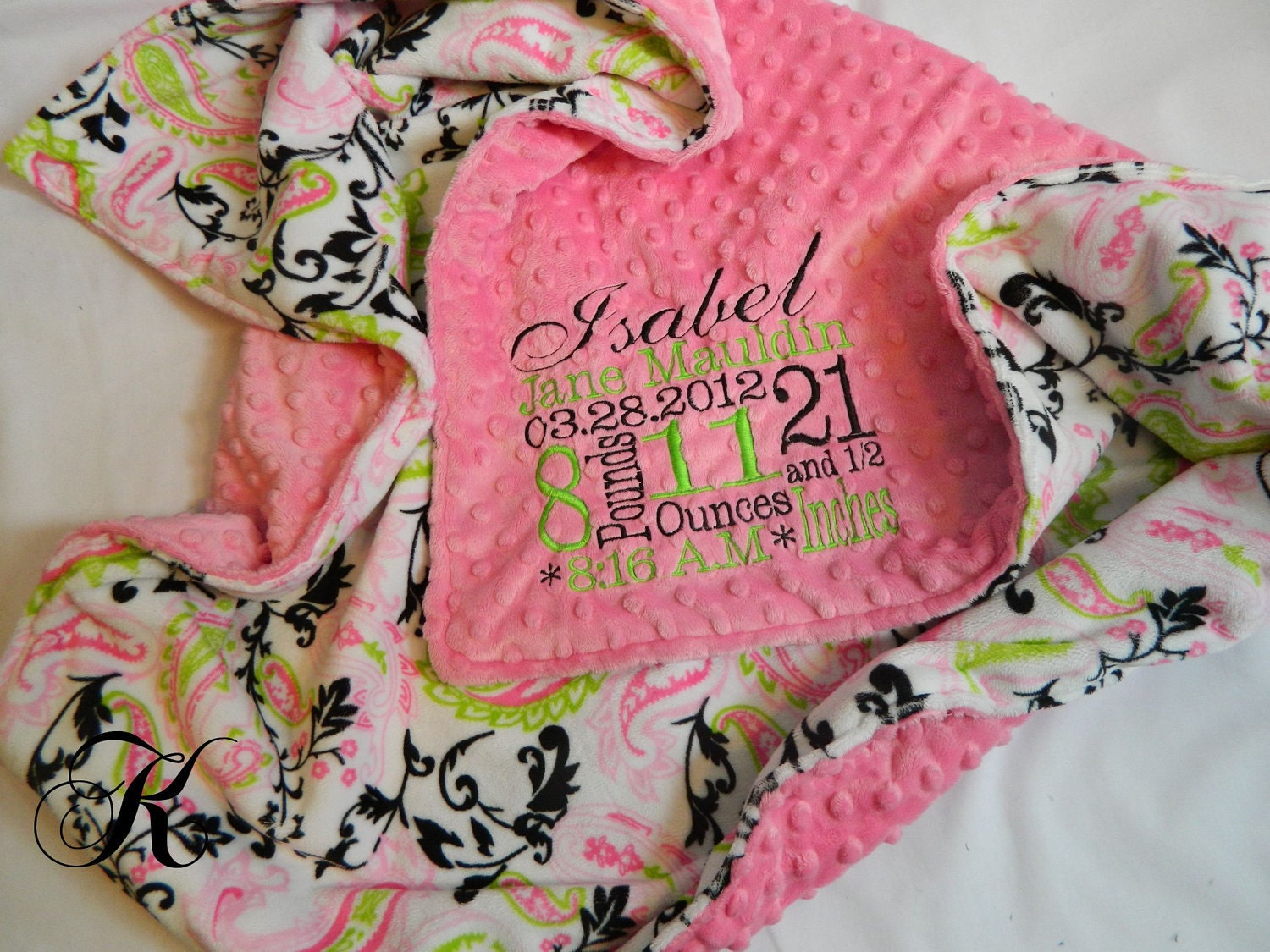 Minky Blanket - Personalized baby blanket -Hot pink minky dot with paisley lime print minky - 30x36"
