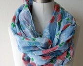 Poppy - Vintage Red and Blue Poppy Flower Fabric Cowl Infinity Scarf