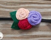 Ella - Lavendar, Magenta, and Peach Heart Print Tri-Rosette headband