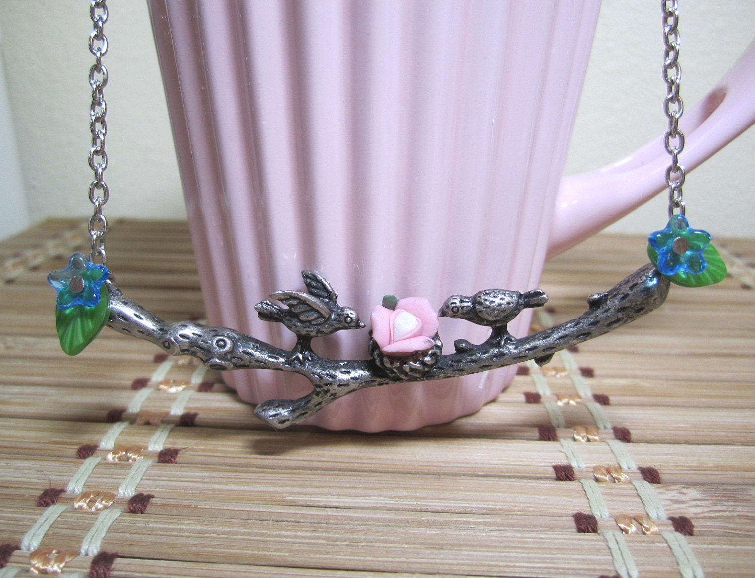 My Jewelry Box - Bird Nest Branch with Pink Rose Polymer Clay Flower and Leafs Necklace Gift Set - 308