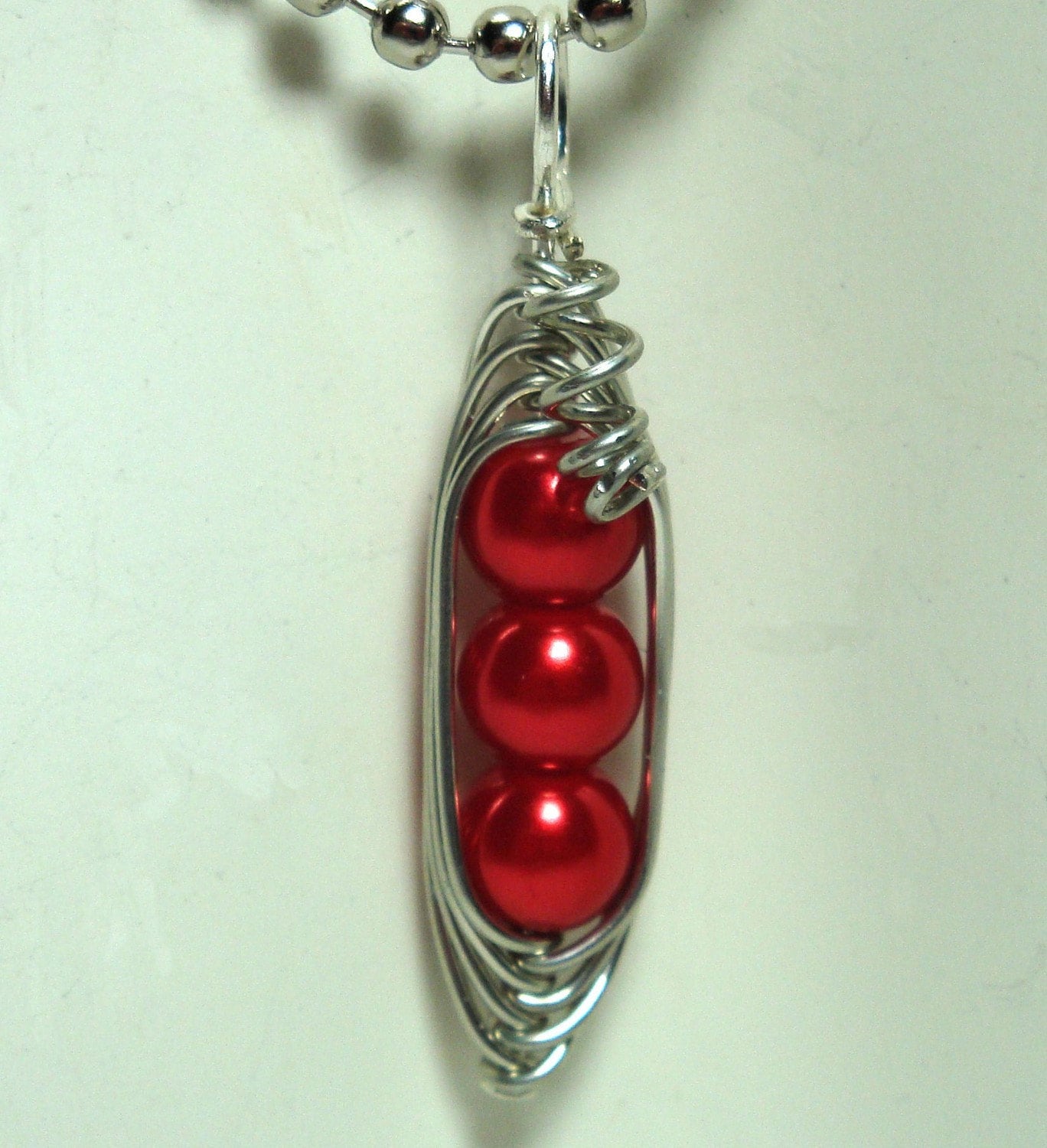   Necklace on Pea Pod Necklace  Three Peas  Silver  Red Pearl  Wire  Unique Jewelry