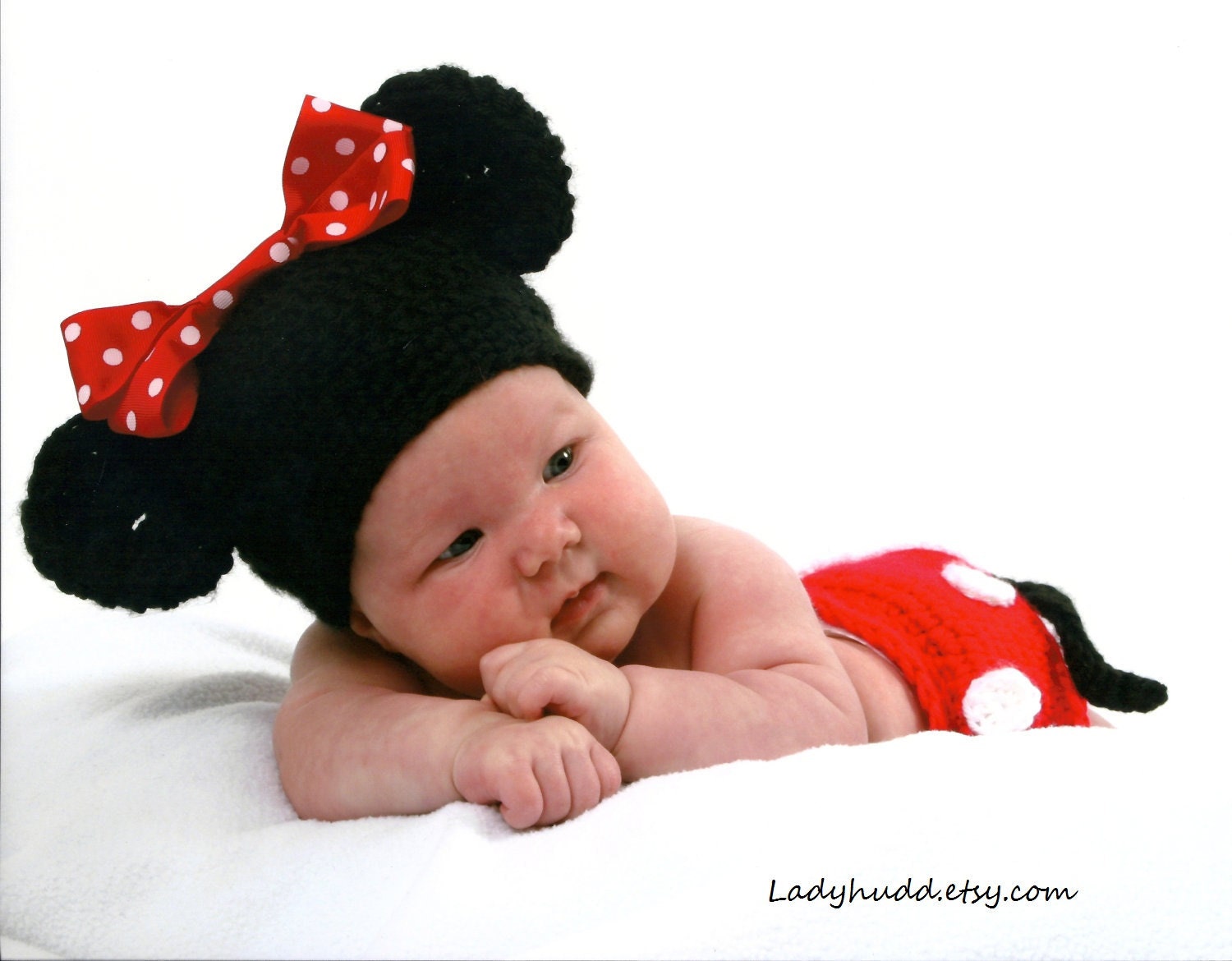Minnie Mouse hat with Red Bow Diaper Cover and Shoes Great for costume or photo prop