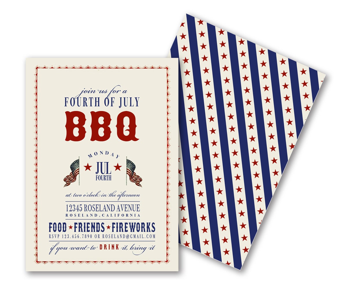 BBQ Invitations, Patriotic Vintage July 4th, Memorial Day, Welcome Home Troops