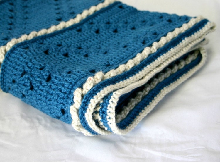 Blue Afghan crocheted blanket soft warm winter lap throw gorgeous ocean handmade washable home decor