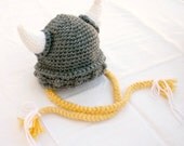 Viking baby hat with ties 3-6 month gray white yellow beanie photography prop cap horns braided Norse costume infant grey hair soft helmet