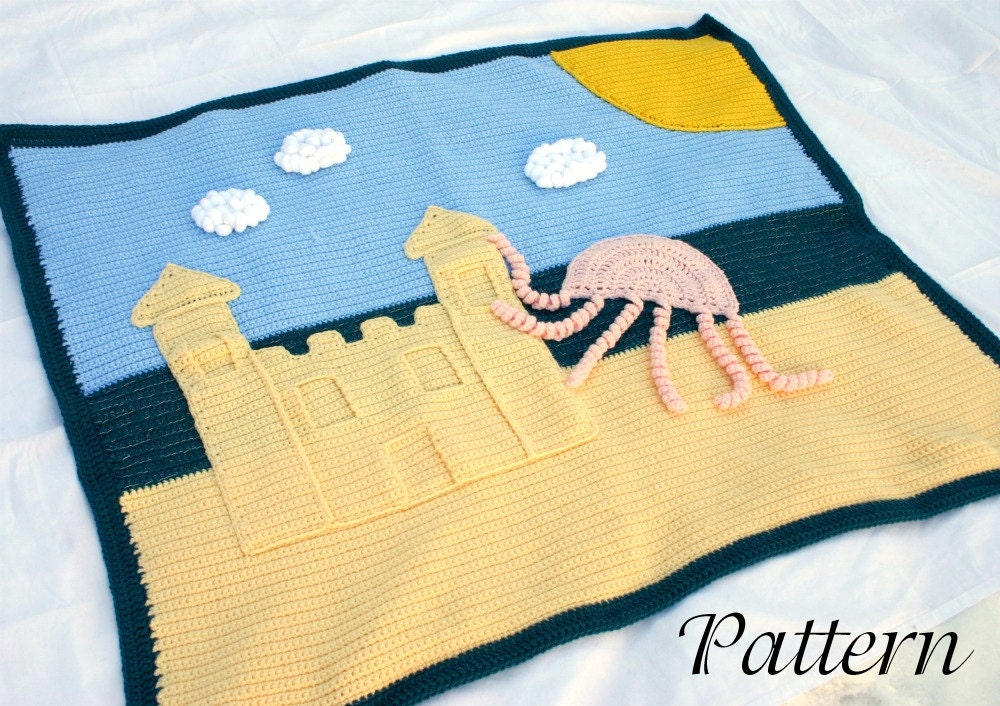 Summer afghan PDF crochet pattern blanket summer beach scene clouds ocean sea blue white yellow jellyfish wall hanging rug sun warm season