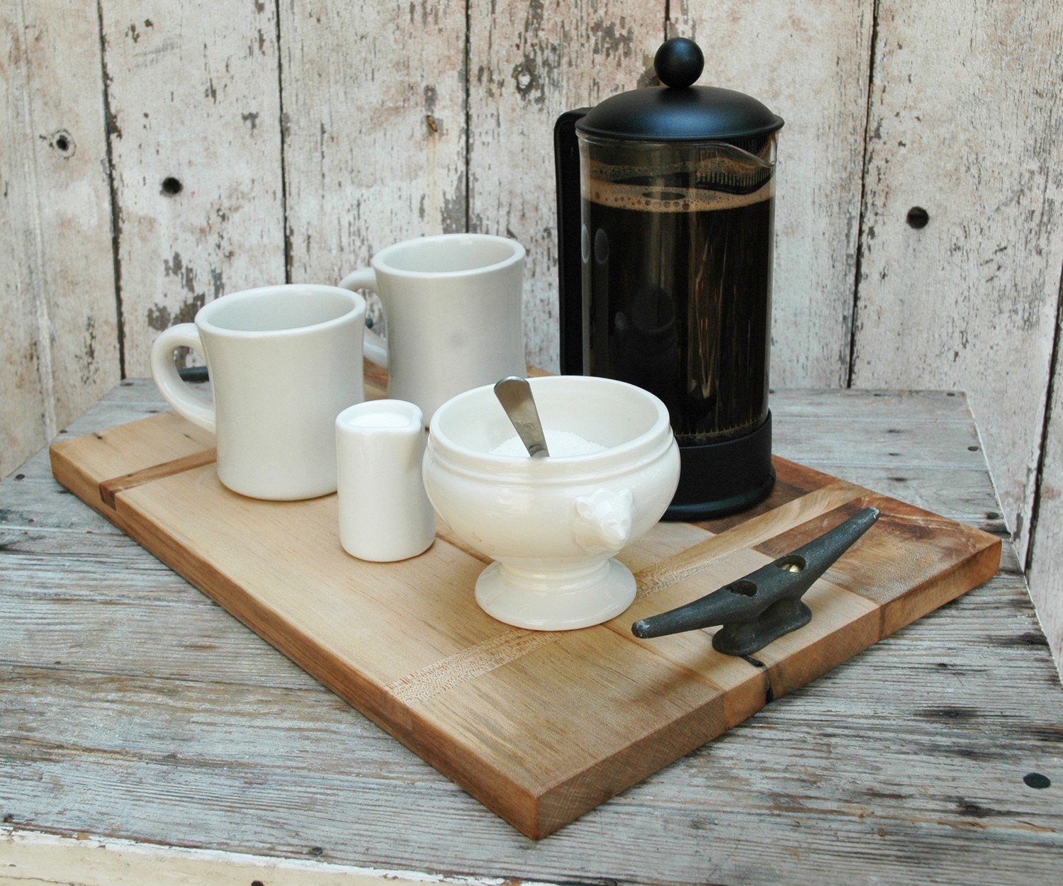 Cutting board/Serving Tray: Reclaimed wood, boat cleats, Large.