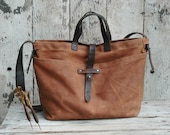 Waxed Canvas Tote: Spice, antique military leather, homespun fabric. - PegandAwl