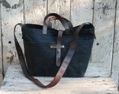 Waxed Canvas Tote: Coal, antique leather and fabric detail.