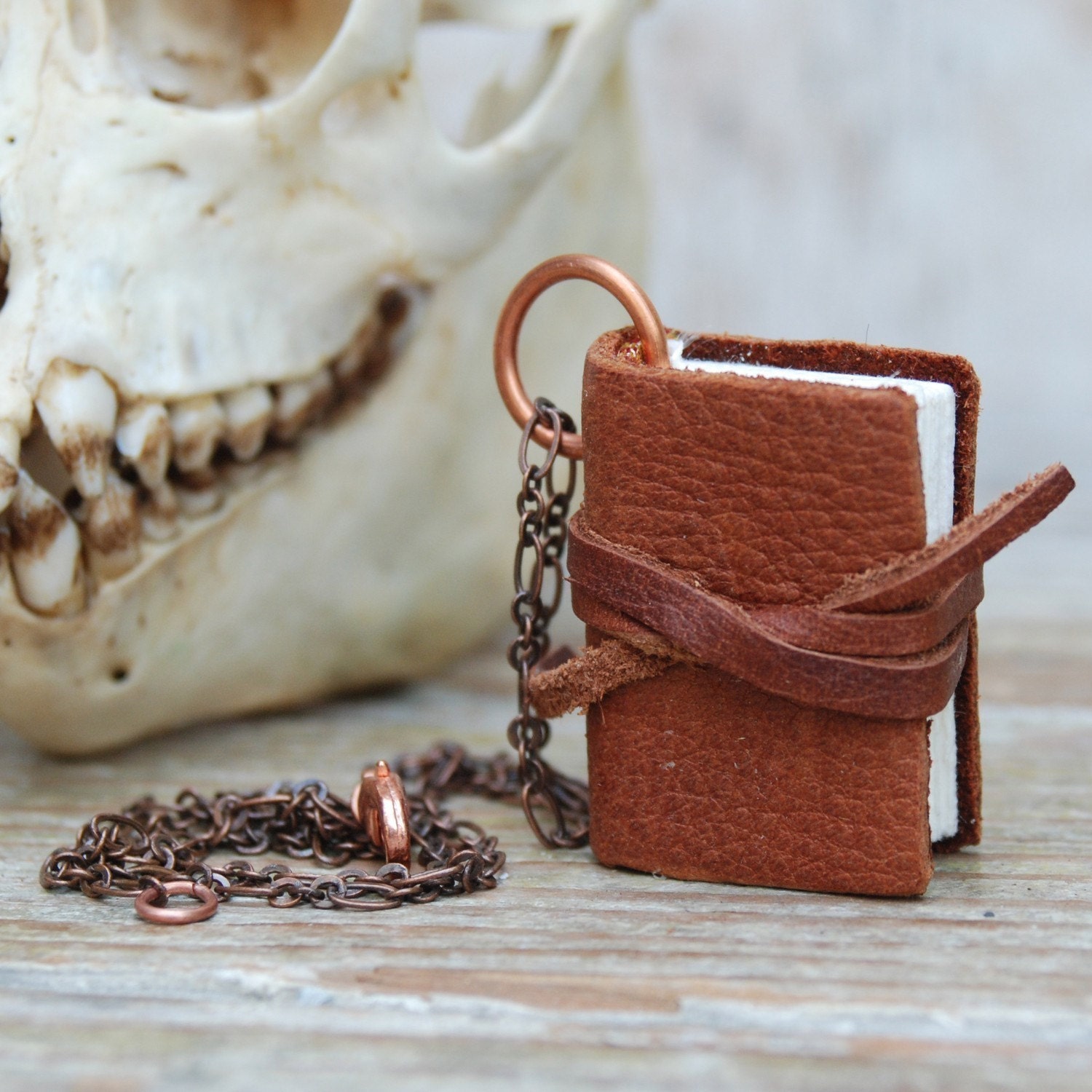 Book Necklace: Classic brown leather, brown tie, large.