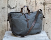 Super Roomy Large Waxed Canvas Tote: Slate, antique military leather, antique fabric pocket.