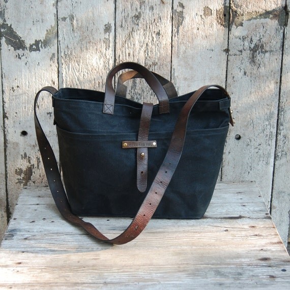 Waxed Canvas Tote: Coal, antique leather and fabric detail.