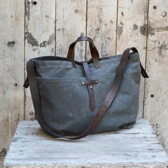 Super Roomy Large Waxed Canvas Tote: Slate, antique military leather, antique fabric pocket.